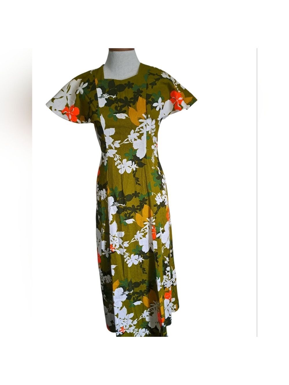 VTG HUKILAU Fashions Hawaiian maxi Dess Cotton Floral Short flutter Sleeves S-M - Picture 2 of 10